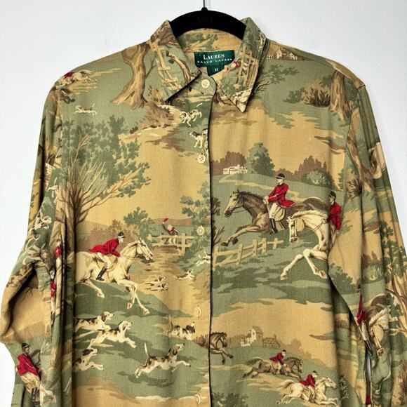 Lauren Ralph Lauren Equestrian Fox Hunt Shirt Women’s Medium Horse Print VTG - Picture 2 of 7